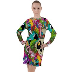 Crazy Illustrations & Funky Monster Pattern Long Sleeve Hoodie Dress by Ket1n9