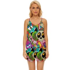 Crazy Illustrations & Funky Monster Pattern V-neck Satin Pajamas Set by Ket1n9