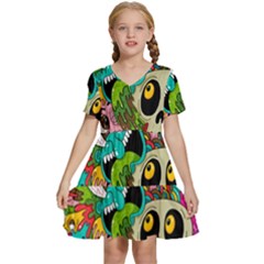 Crazy Illustrations & Funky Monster Pattern Kids  Short Sleeve Tiered Mini Dress by Ket1n9