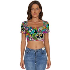 Crazy Illustrations & Funky Monster Pattern Short Sleeve Square Neckline Crop Top  by Ket1n9