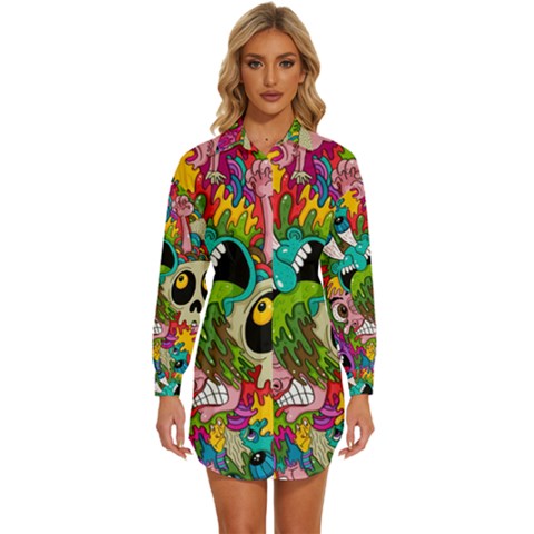 Crazy Illustrations & Funky Monster Pattern Womens Long Sleeve Shirt Dress by Ket1n9