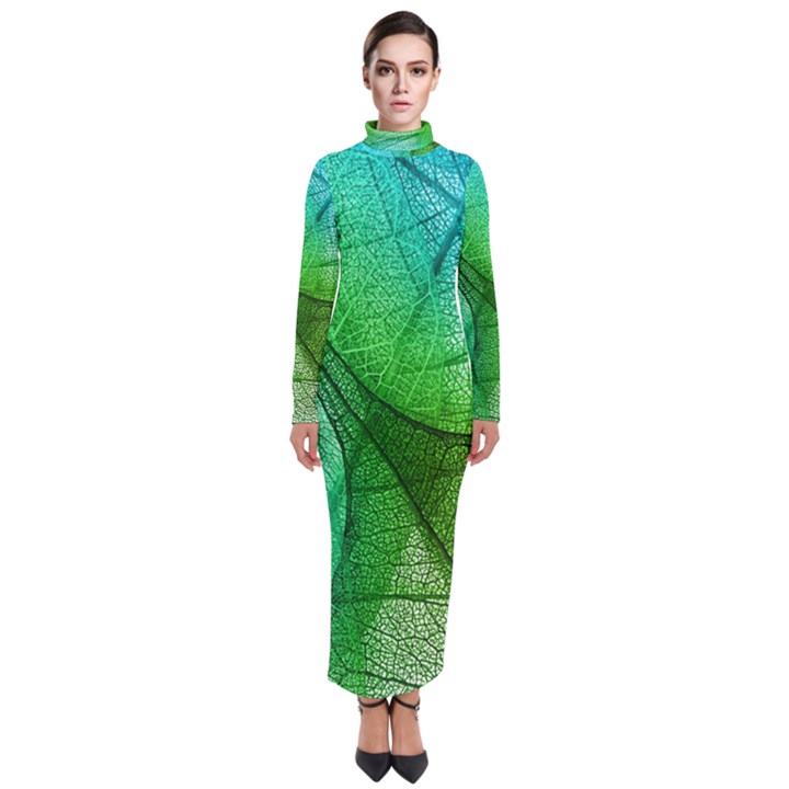 Sunlight Filtering Through Transparent Leaves Green Blue Turtleneck Maxi Dress