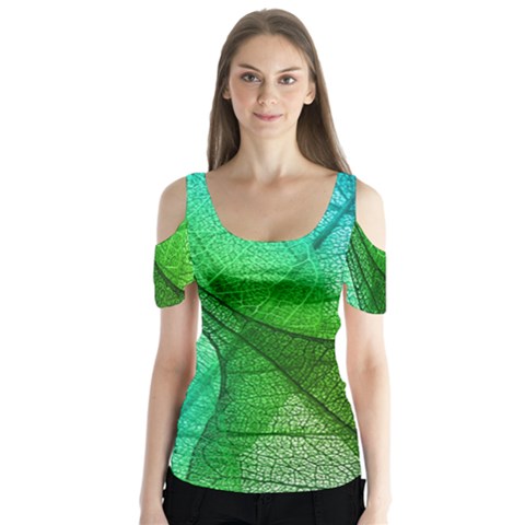 Sunlight Filtering Through Transparent Leaves Green Blue Butterfly Sleeve Cutout T-shirt  by Ket1n9