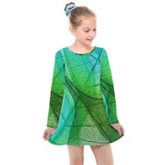 Sunlight Filtering Through Transparent Leaves Green Blue Kids  Long Sleeve Dress by Ket1n9