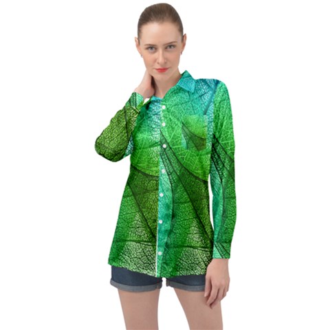 Sunlight Filtering Through Transparent Leaves Green Blue Long Sleeve Satin Shirt by Ket1n9