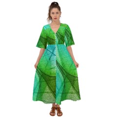 Sunlight Filtering Through Transparent Leaves Green Blue Kimono Sleeve Boho Dress by Ket1n9