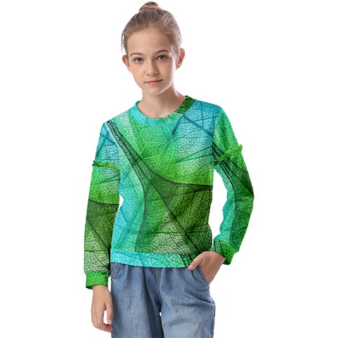 Sunlight Filtering Through Transparent Leaves Green Blue Kids  Long Sleeve T-shirt With Frill  by Ket1n9