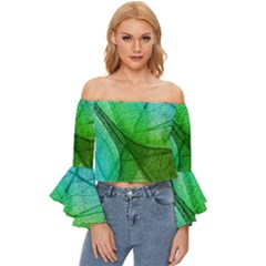 Sunlight Filtering Through Transparent Leaves Green Blue Off Shoulder Flutter Bell Sleeve Top by Ket1n9