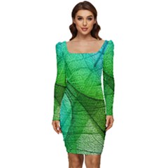 Sunlight Filtering Through Transparent Leaves Green Blue Women Long Sleeve Ruched Stretch Jersey Dress by Ket1n9