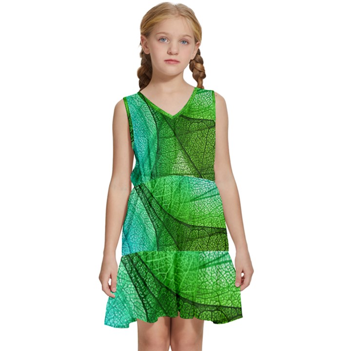 Sunlight Filtering Through Transparent Leaves Green Blue Kids  Sleeveless Tiered Mini Dress