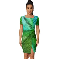 Sunlight Filtering Through Transparent Leaves Green Blue Fitted Knot Split End Bodycon Dress by Ket1n9