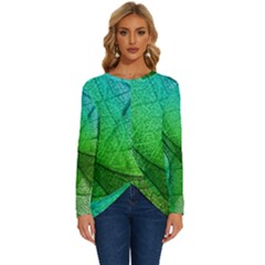 Sunlight Filtering Through Transparent Leaves Green Blue Long Sleeve Crew Neck Pullover Top by Ket1n9