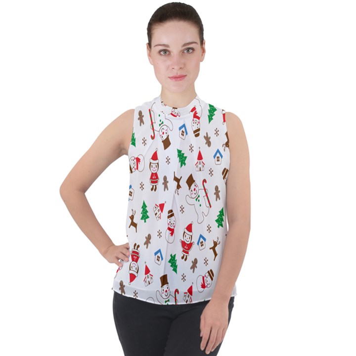 Christmas Mock Neck Chiffon Sleeveless Top