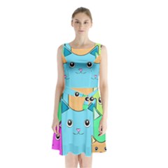 Cat Animals Cartoon Pattern Sleeveless Waist Tie Chiffon Dress