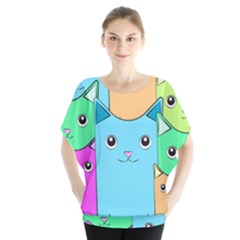 Cat Animals Cartoon Pattern Batwing Chiffon Blouse