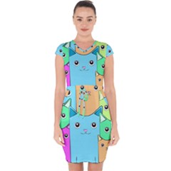 Cat Animals Cartoon Pattern Capsleeve Drawstring Dress  by Cendanart