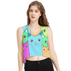 Cat Animals Cartoon Pattern V-neck Cropped Tank Top by Cendanart