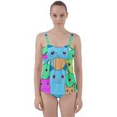 Cat Animals Cartoon Pattern Twist Front Tankini Set