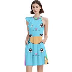 Cat Animals Cartoon Pattern Cocktail Party Halter Sleeveless Dress With Pockets by Cendanart