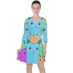 Cat Animals Cartoon Pattern Quarter Sleeve Ruffle Waist Dress