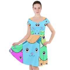 Cat Animals Cartoon Pattern Cap Sleeve Midi Dress