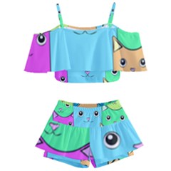 Cat Animals Cartoon Pattern Kids  Off Shoulder Skirt Bikini by Cendanart