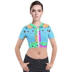 Cat Animals Cartoon Pattern Short Sleeve Cropped Jacket