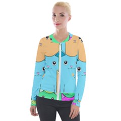 Cat Animals Cartoon Pattern Velvet Zip Up Jacket