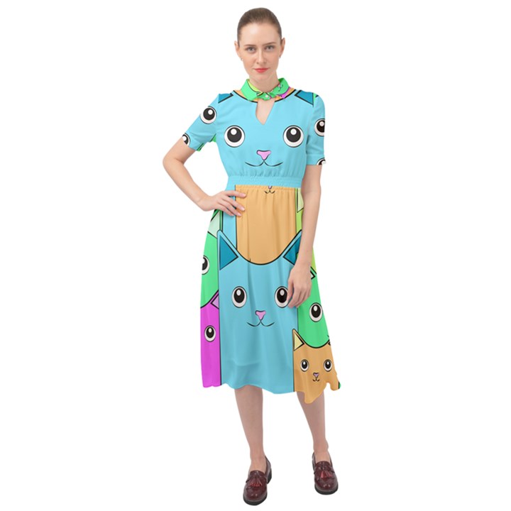 Cat Animals Cartoon Pattern Keyhole Neckline Chiffon Dress