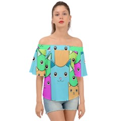 Cat Animals Cartoon Pattern Off Shoulder Short Sleeve Top