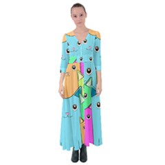 Cat Animals Cartoon Pattern Button Up Maxi Dress