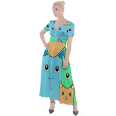 Cat Animals Cartoon Pattern Button Up Short Sleeve Maxi Dress