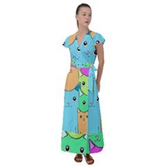 Cat Animals Cartoon Pattern Flutter Sleeve Maxi Dress