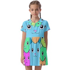 Cat Animals Cartoon Pattern Kids  Asymmetric Collar Dress