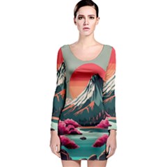 Mountain Landscape Sky Fuji Nature Long Sleeve Bodycon Dress by Cendanart