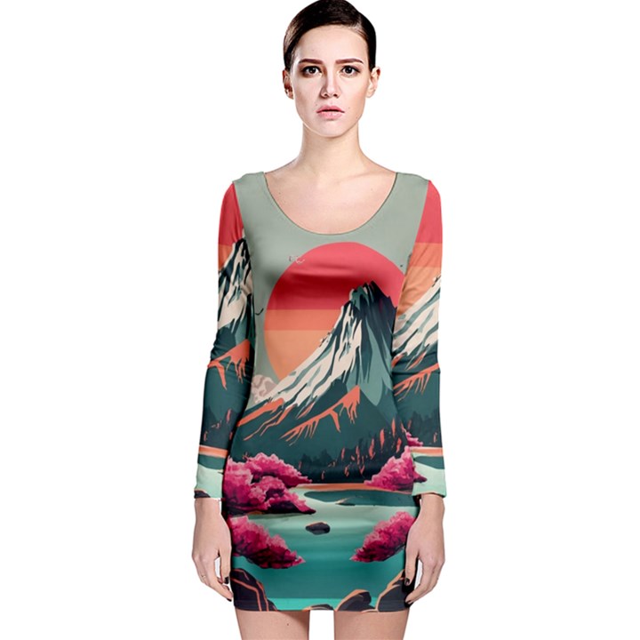 Mountain Landscape Sky Fuji Nature Long Sleeve Bodycon Dress