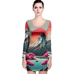 Mountain Landscape Sky Fuji Nature Long Sleeve Velvet Bodycon Dress