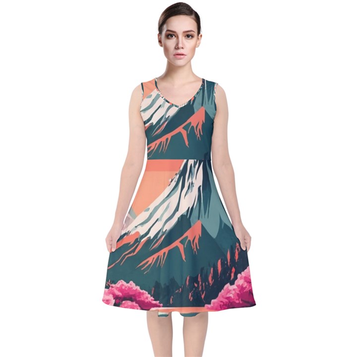 Mountain Landscape Sky Fuji Nature V-Neck Midi Sleeveless Dress 