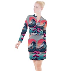 Mountain Landscape Sky Fuji Nature Button Long Sleeve Dress by Cendanart