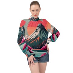 Mountain Landscape Sky Fuji Nature High Neck Long Sleeve Chiffon Top