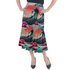 Mountain Landscape Sky Fuji Nature Midi Mermaid Skirt by Cendanart