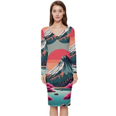 Mountain Landscape Sky Fuji Nature Long Sleeve V-neck Bodycon Dress  by Cendanart