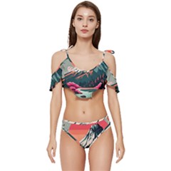 Mountain Landscape Sky Fuji Nature Ruffle Edge Tie Up Bikini Set	