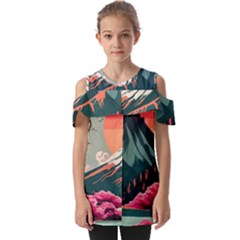 Mountain Landscape Sky Fuji Nature Fold Over Open Sleeve Top by Cendanart