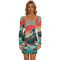 Mountain Landscape Sky Fuji Nature Long Sleeve Square Neck Bodycon Velvet Dress by Cendanart