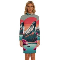 Mountain Landscape Sky Fuji Nature Long Sleeve Shirt Collar Bodycon Dress by Cendanart