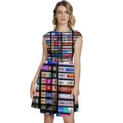 Vintage Cassette Music Old Record Retro Tape Cap Sleeve High Waist Dress