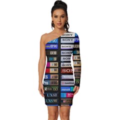 Vintage Cassette Music Old Record Retro Tape Long Sleeve One Shoulder Mini Dress by Cendanart