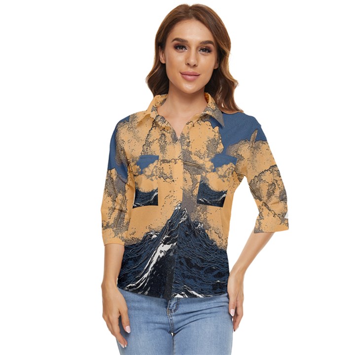 Wave Aesthetic Ocean Retro Sea Vintage Women s Quarter Sleeve Pocket Shirt