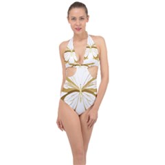 Simulated Gold Leaf Gilded Butterfly Halter Front Plunge Swimsuit by essentialimage